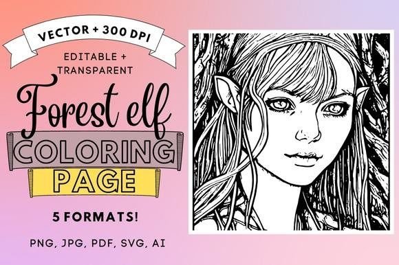 Forest Elf Adult Coloring Page 8.5in PDF: Graphics & Coloring Pages Amp