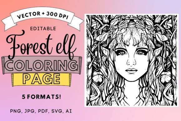 Forest Elf Coloring Page 8.5x8.5 300dpi